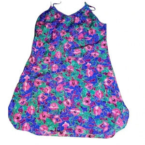 Vintage Jewel Tone Floral Silky Mini Slip Dress Blue And Pink